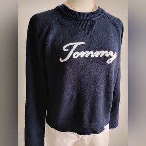 Tommy Hilfiger Navy Blue Signature Logo Sweater Classic Preppy Coastal Size Sm